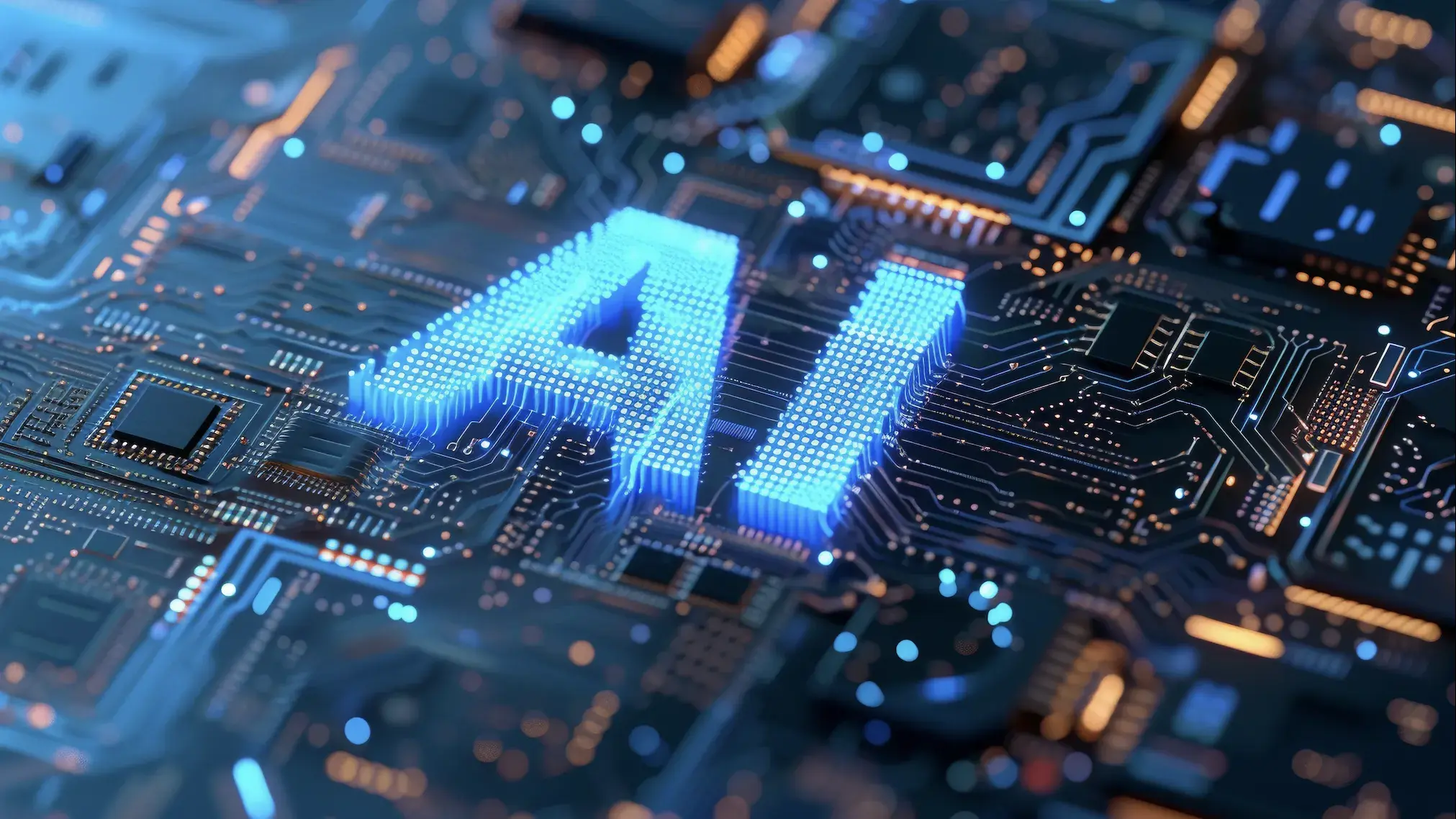 motherboard with ai written on it. Concept AI (Artificial Intelligence) technology, chip IC on PCB, PCB circuit board, microprocessor.